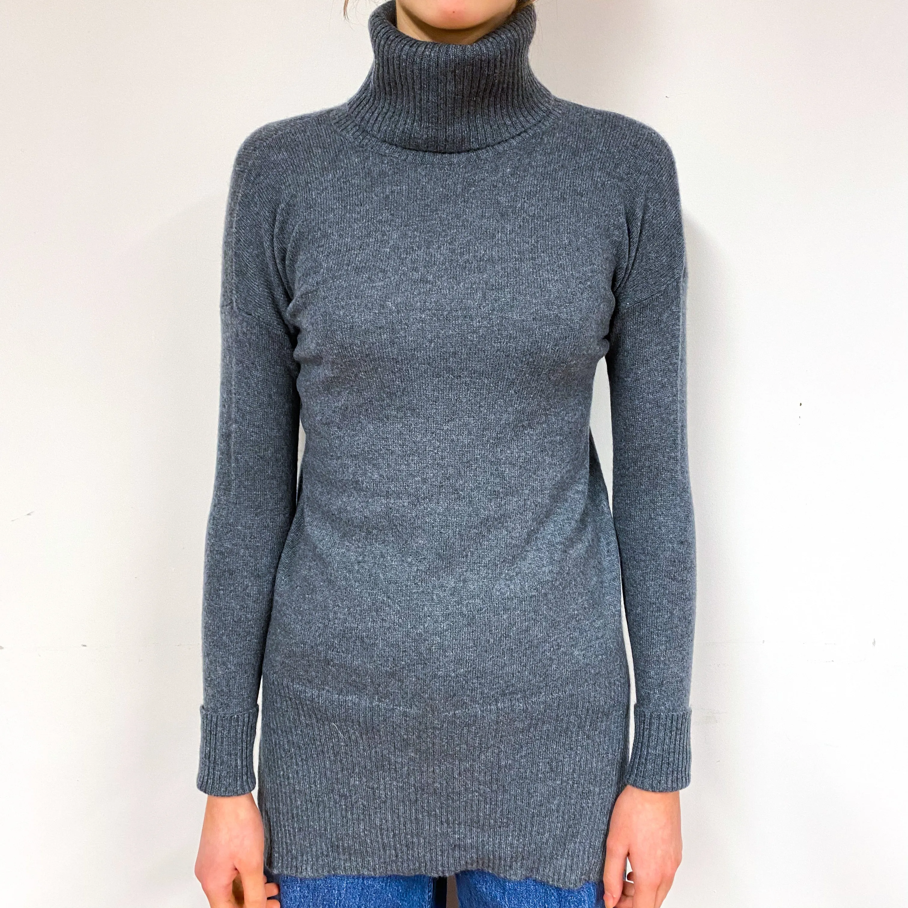 Slate Grey Longline Cashmere Polo Neck Jumper Extra Small