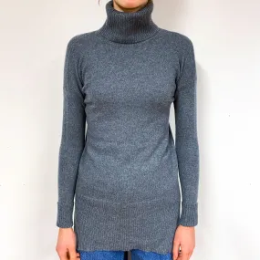 Slate Grey Longline Cashmere Polo Neck Jumper Extra Small