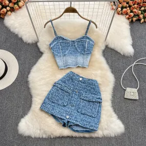 Slip Top & High Waist Embroidered Denim Two-piece