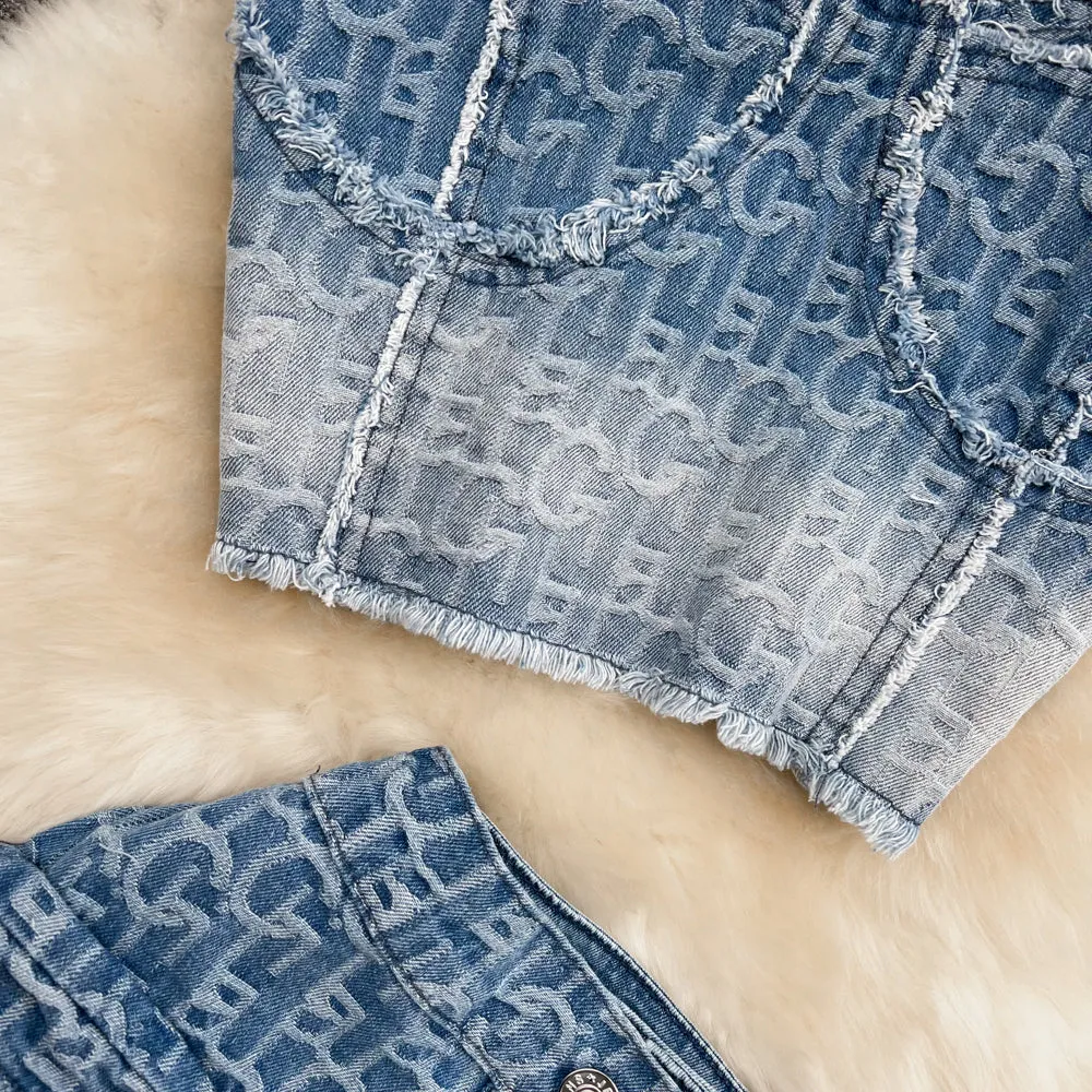 Slip Top & High Waist Embroidered Denim Two-piece