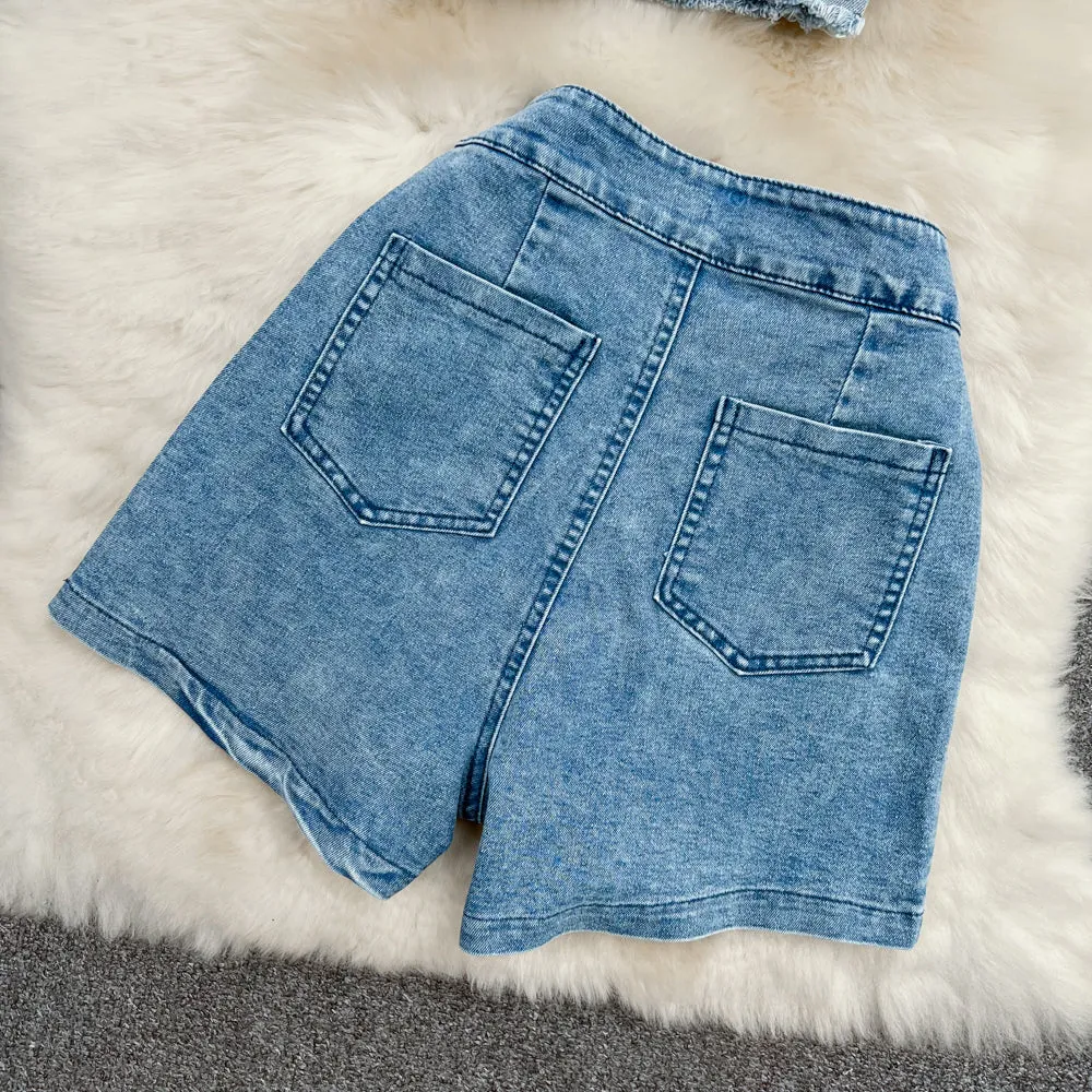 Slip Top & High Waist Embroidered Denim Two-piece