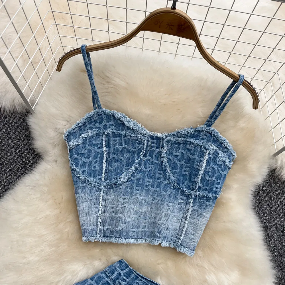 Slip Top & High Waist Embroidered Denim Two-piece