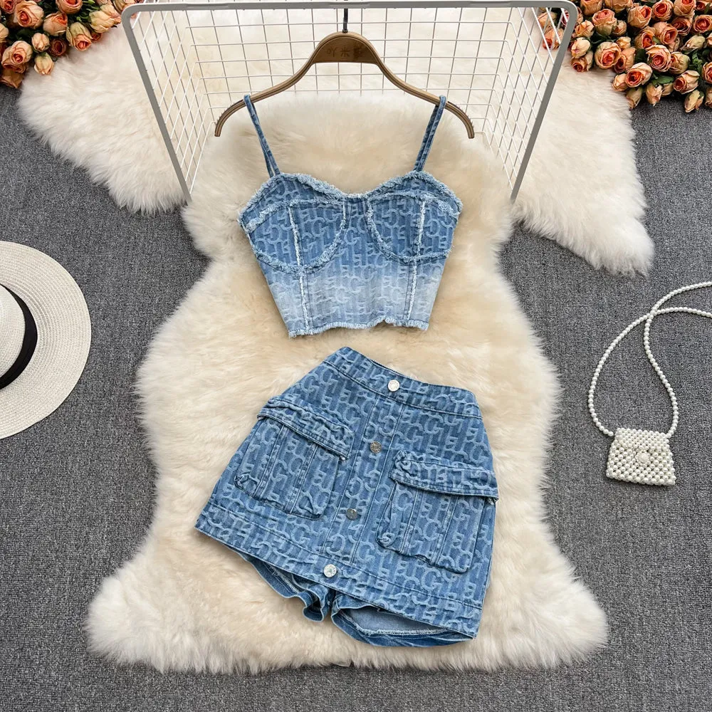 Slip Top & High Waist Embroidered Denim Two-piece