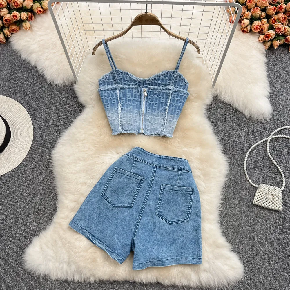 Slip Top & High Waist Embroidered Denim Two-piece
