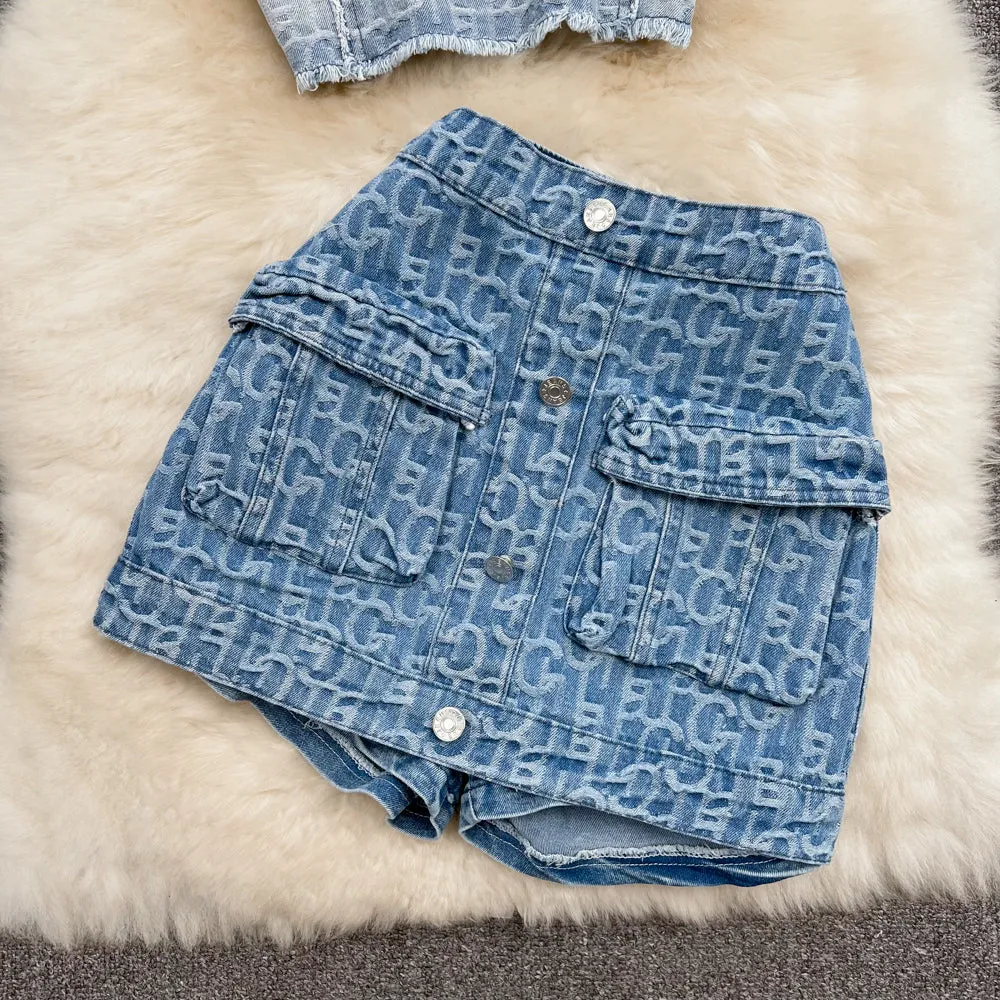 Slip Top & High Waist Embroidered Denim Two-piece