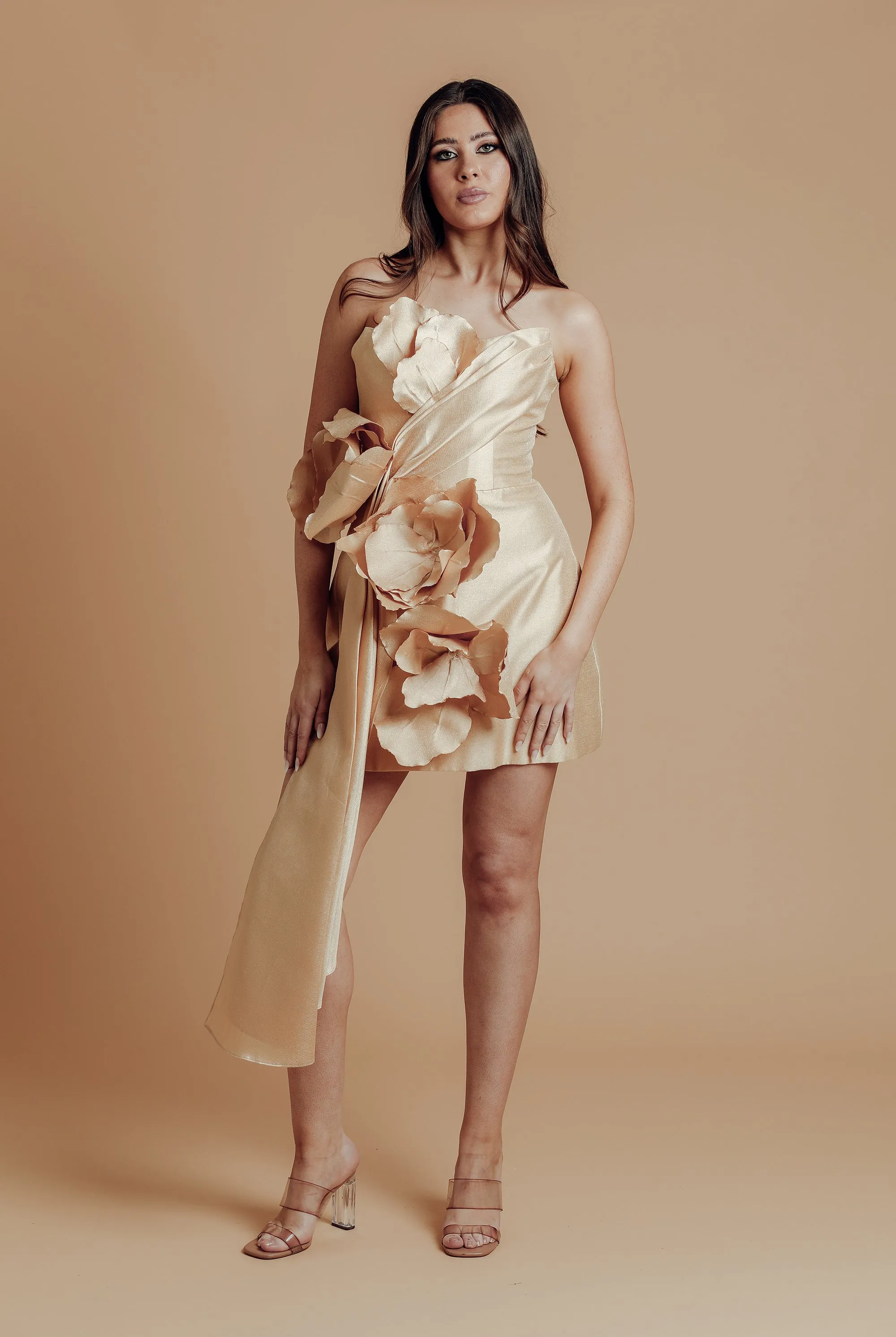 statement 3D flower short gold dress