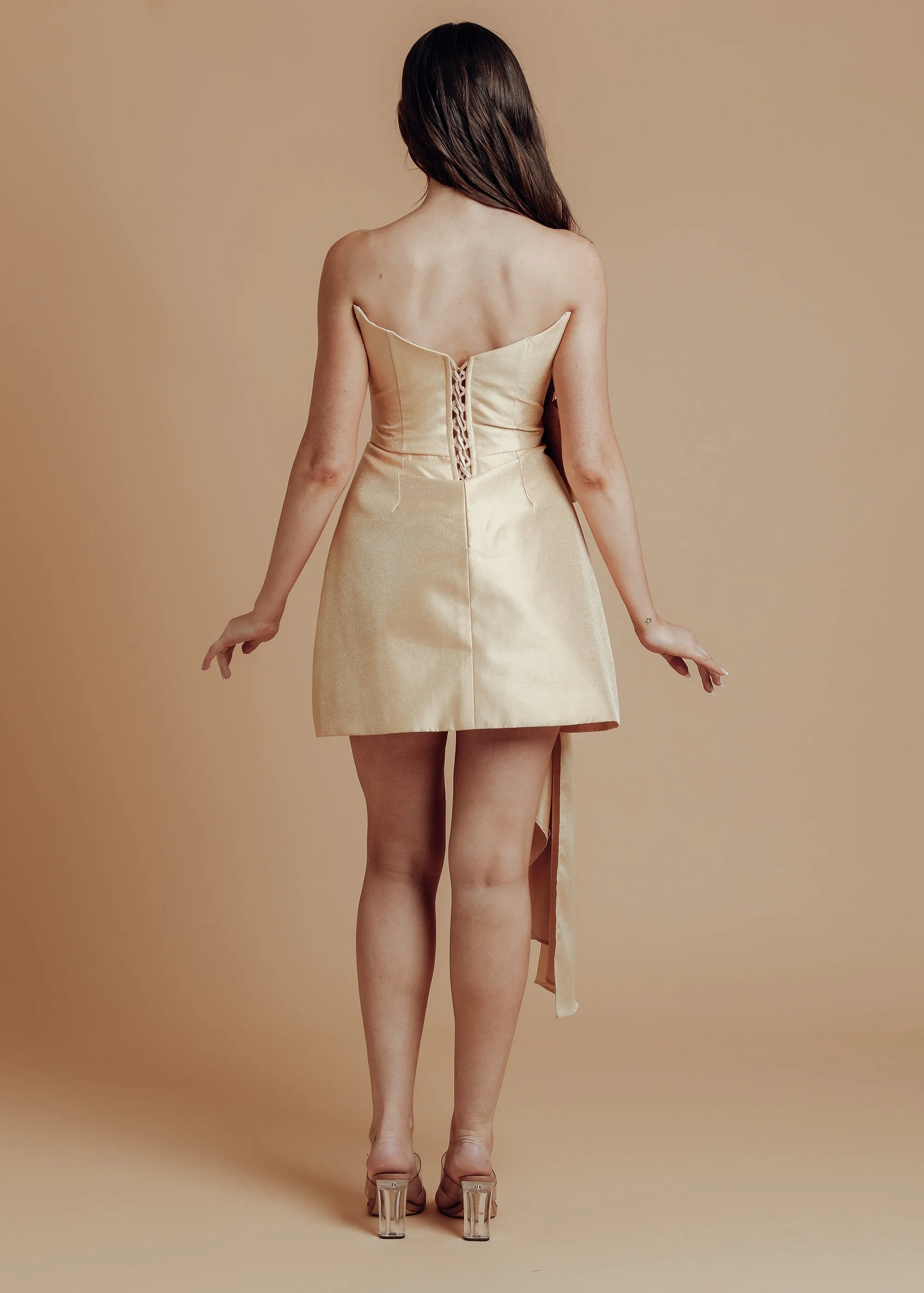 statement 3D flower short gold dress
