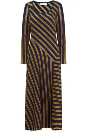 STRIPE MIDI DRESS L/S NAVY/MUSTARD