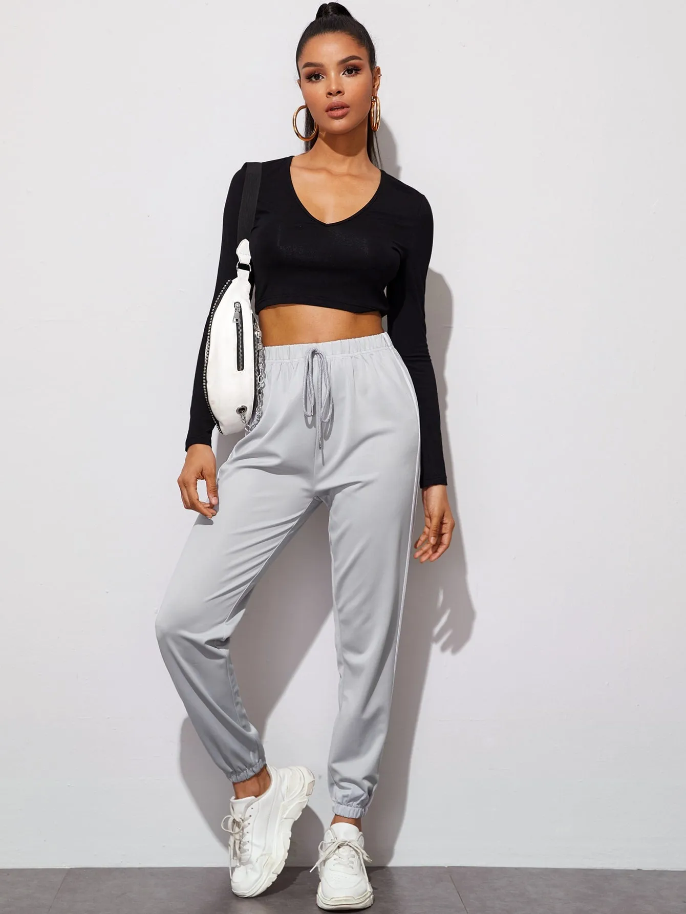 Striped Drawstring High Waist Cropped Women Sweatpants