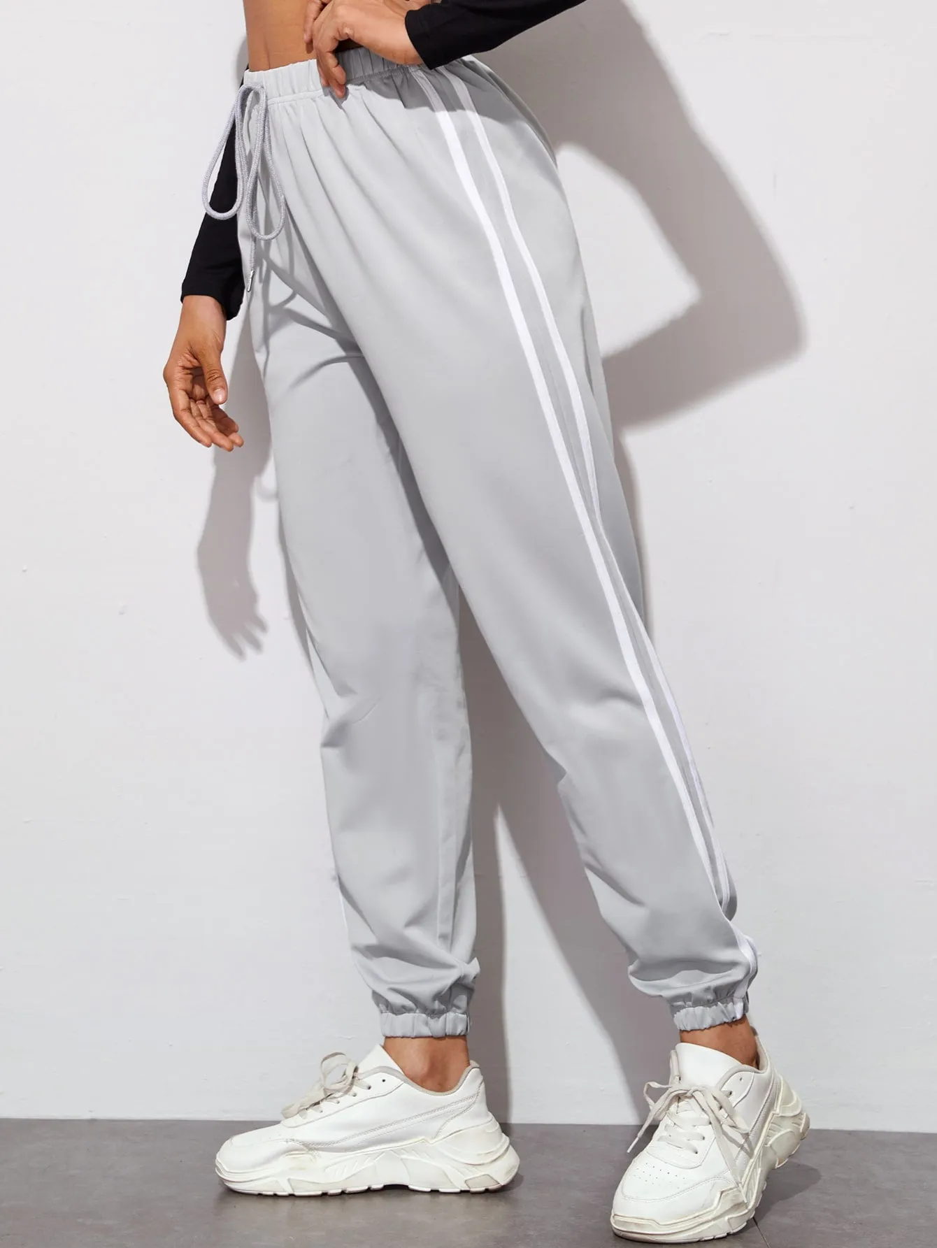 Striped Drawstring High Waist Cropped Women Sweatpants