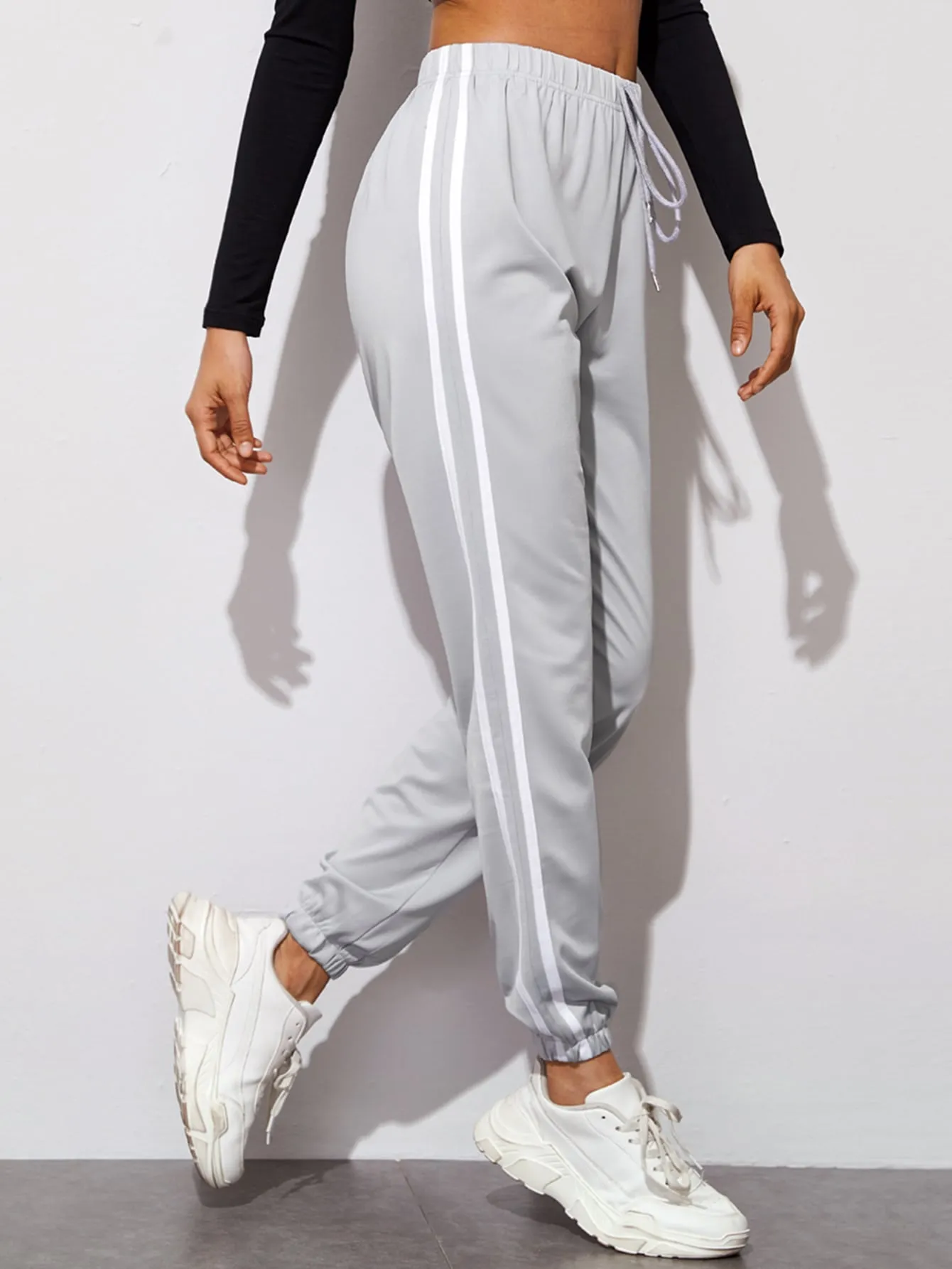 Striped Drawstring High Waist Cropped Women Sweatpants