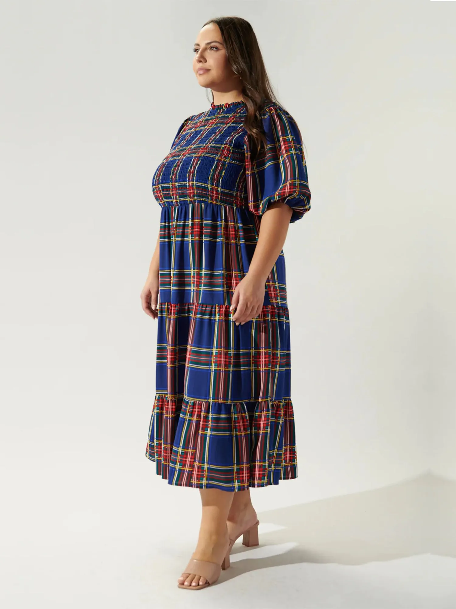 Sugarlips Plus Puff Sleeve Tiered Plaid Midi Dress - Brands We Love
