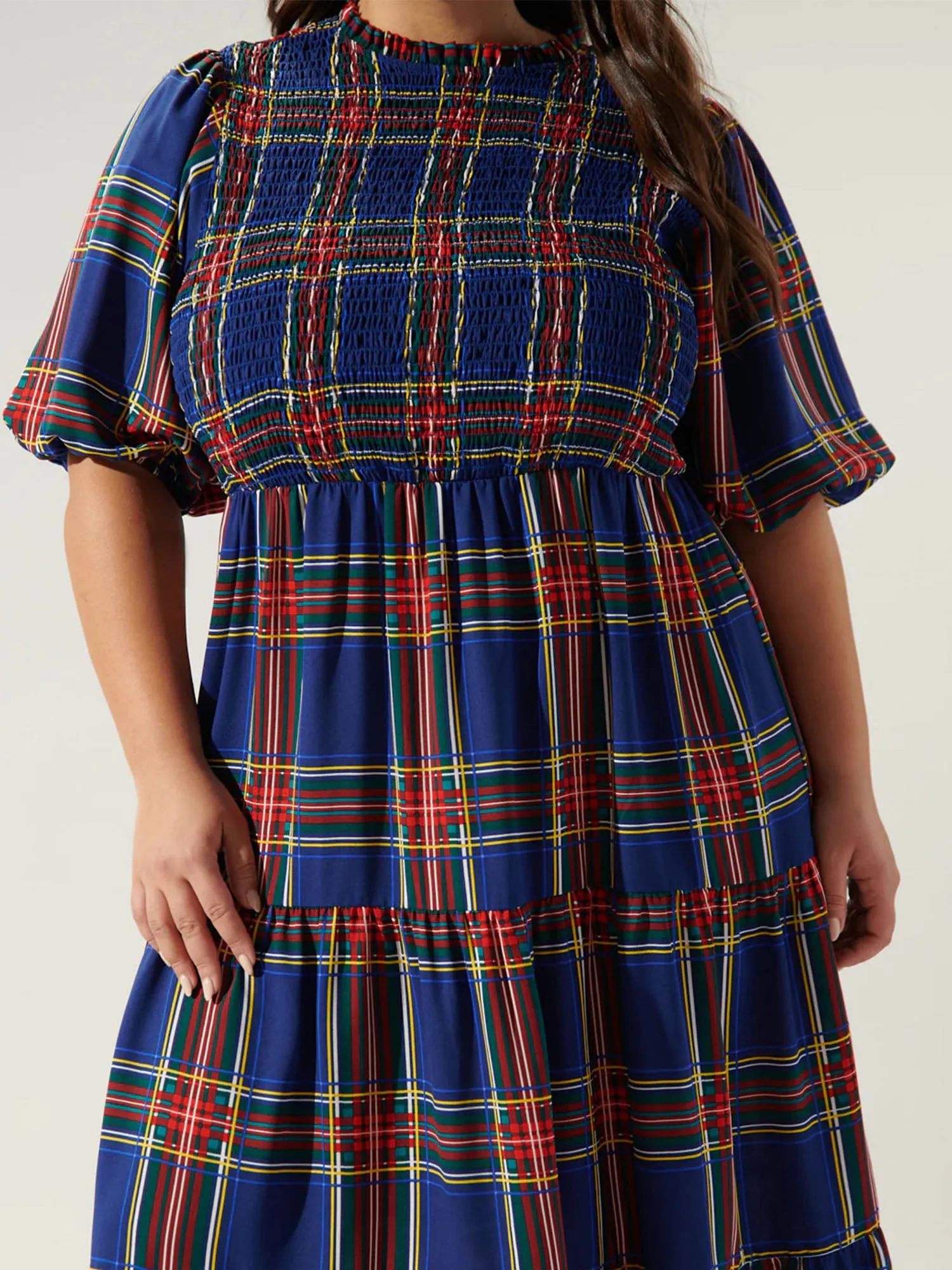 Sugarlips Plus Puff Sleeve Tiered Plaid Midi Dress - Brands We Love