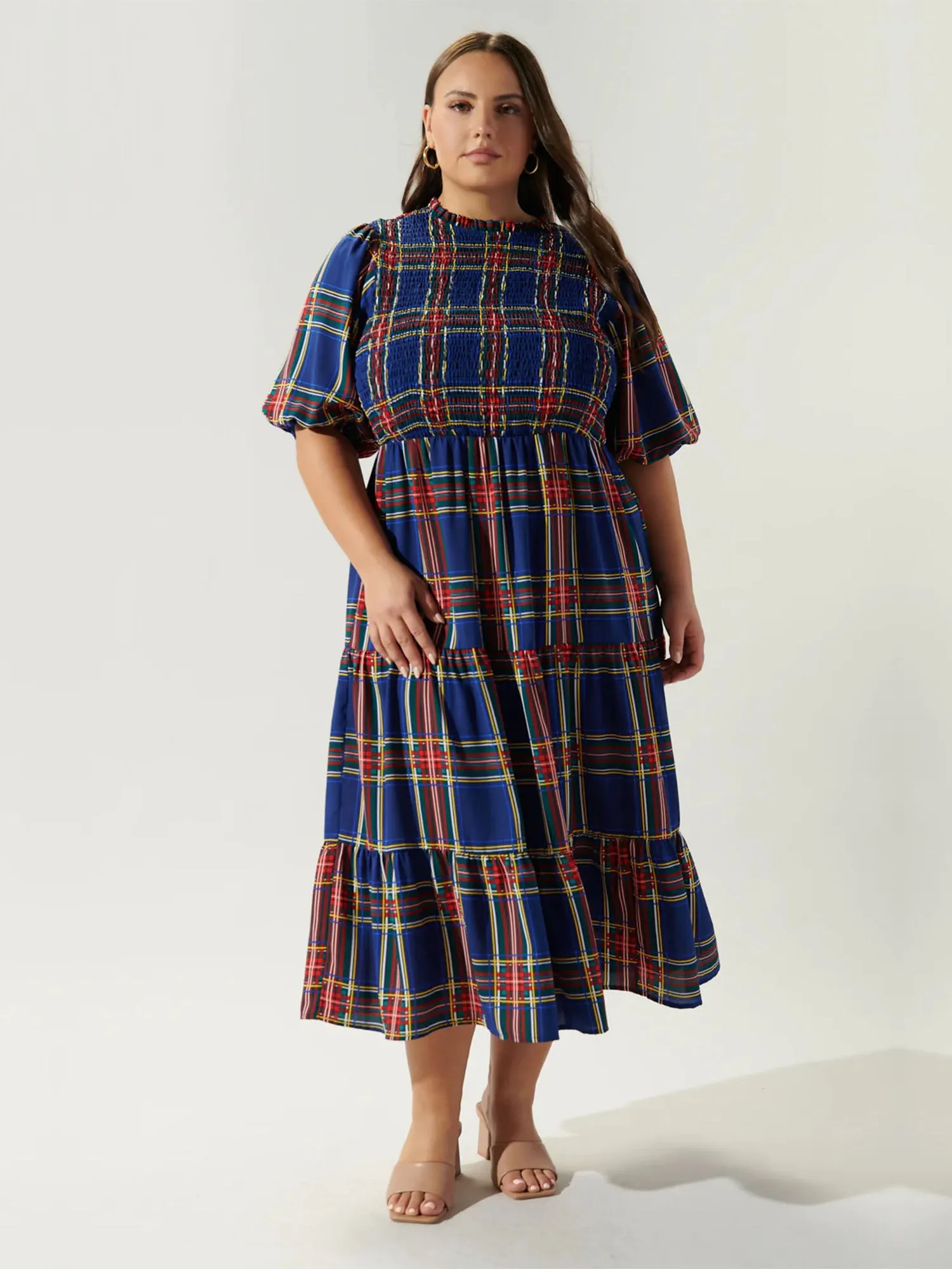 Sugarlips Plus Puff Sleeve Tiered Plaid Midi Dress - Brands We Love
