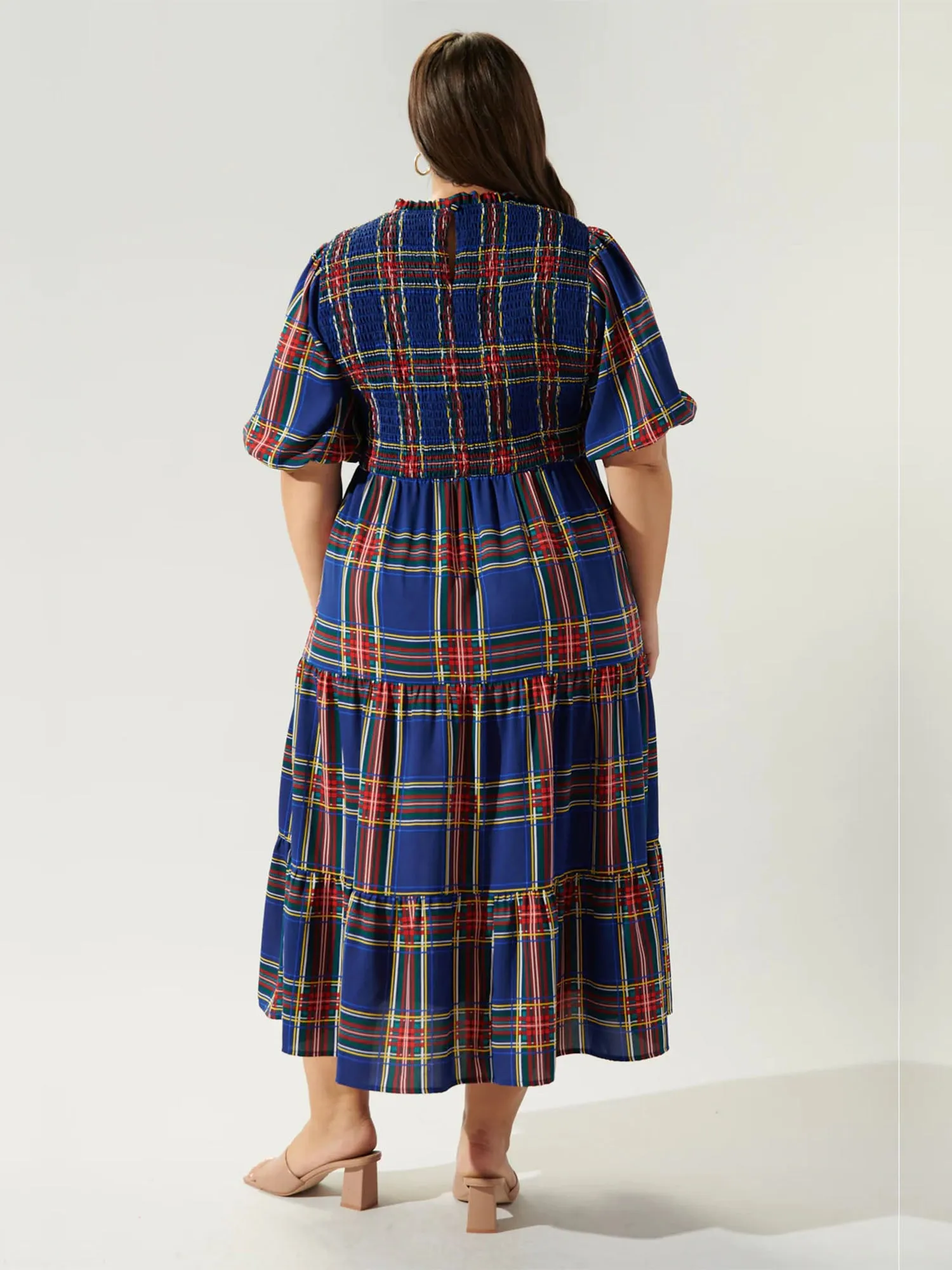 Sugarlips Plus Puff Sleeve Tiered Plaid Midi Dress - Brands We Love
