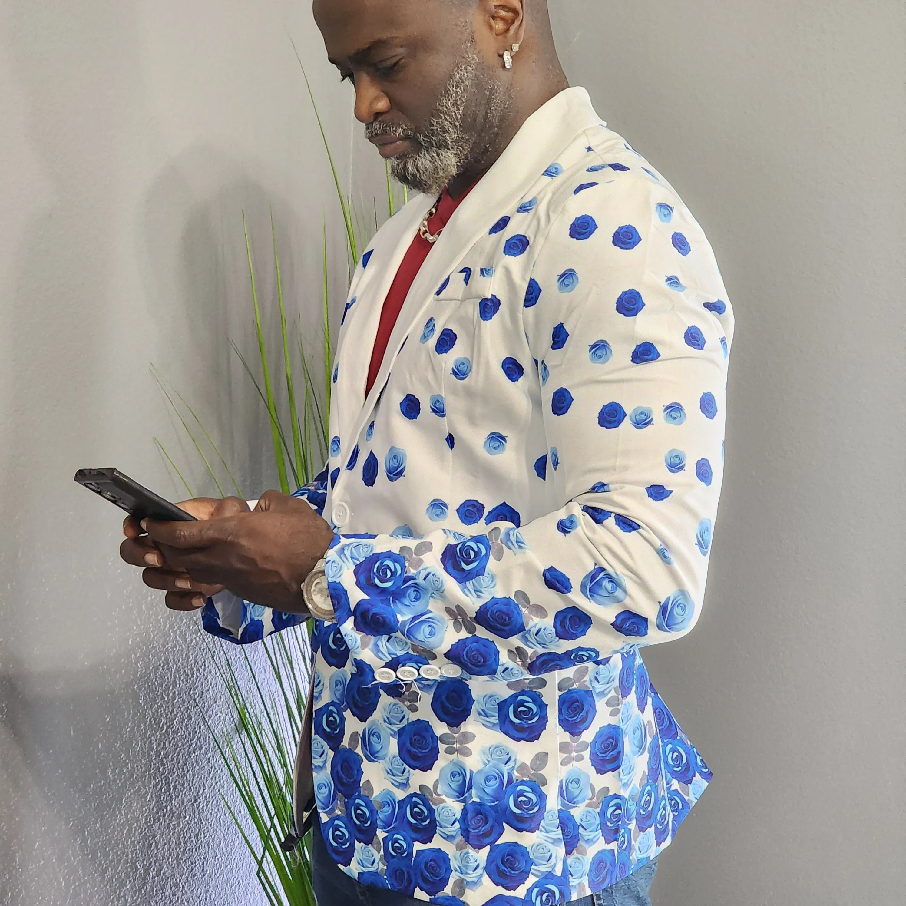 Tablue Mens Flower Petal Print Single Button Retro Blazer
