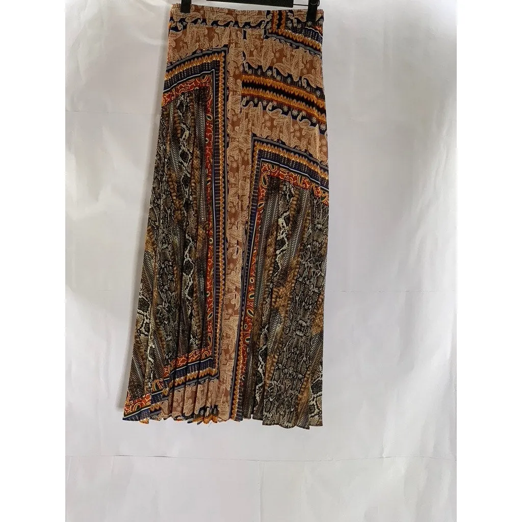 UNBRANDED Women's Tan-Multi Paisley Print Elastic-Waist Pleated Midi Skirt SZ XL