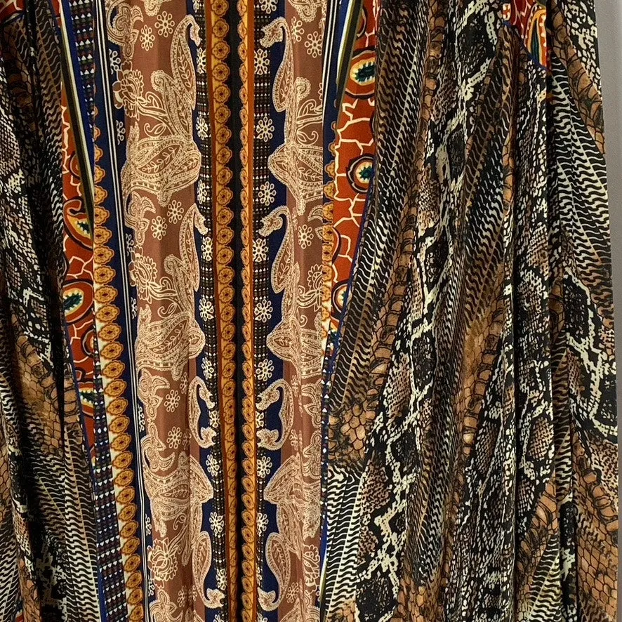 UNBRANDED Women's Tan-Multi Paisley Print Elastic-Waist Pleated Midi Skirt SZ XL