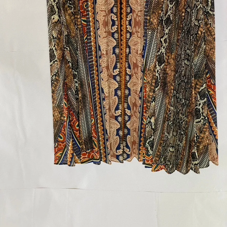 UNBRANDED Women's Tan-Multi Paisley Print Elastic-Waist Pleated Midi Skirt SZ XL