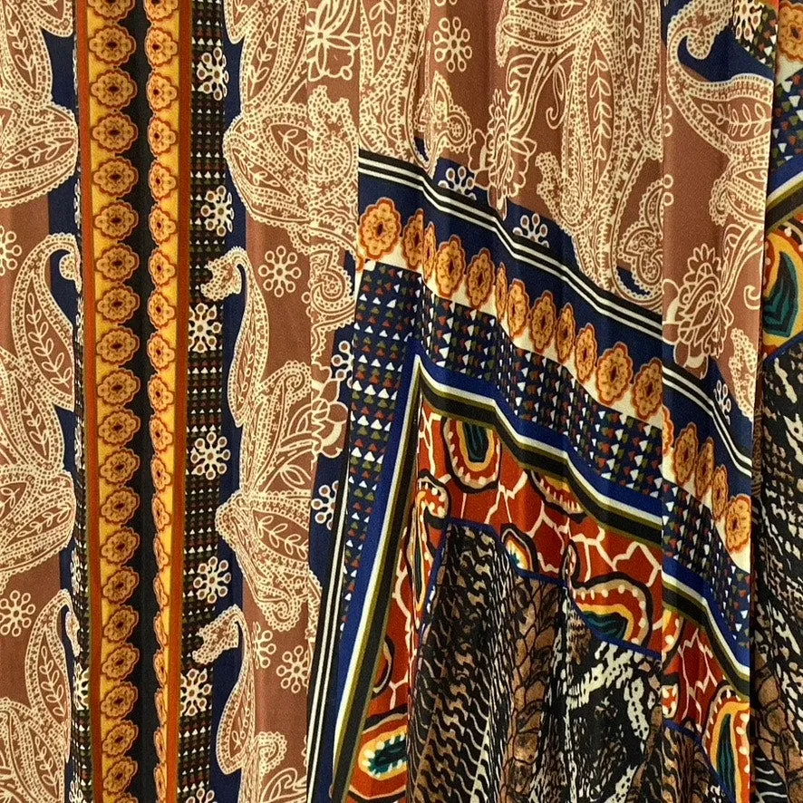 UNBRANDED Women's Tan-Multi Paisley Print Elastic-Waist Pleated Midi Skirt SZ XL