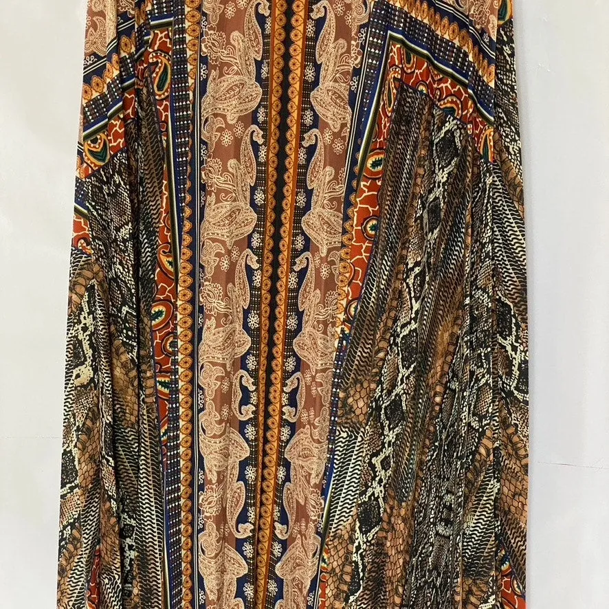 UNBRANDED Women's Tan-Multi Paisley Print Elastic-Waist Pleated Midi Skirt SZ XL