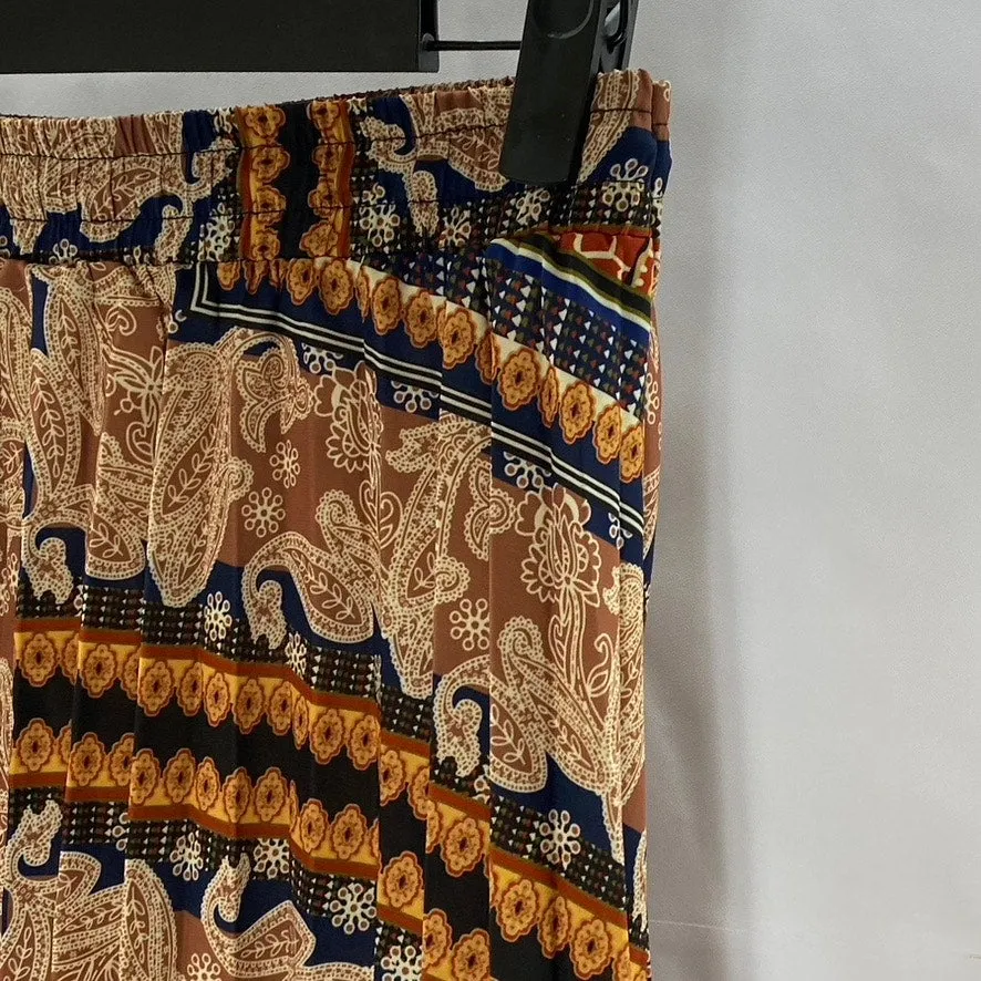 UNBRANDED Women's Tan-Multi Paisley Print Elastic-Waist Pleated Midi Skirt SZ XL