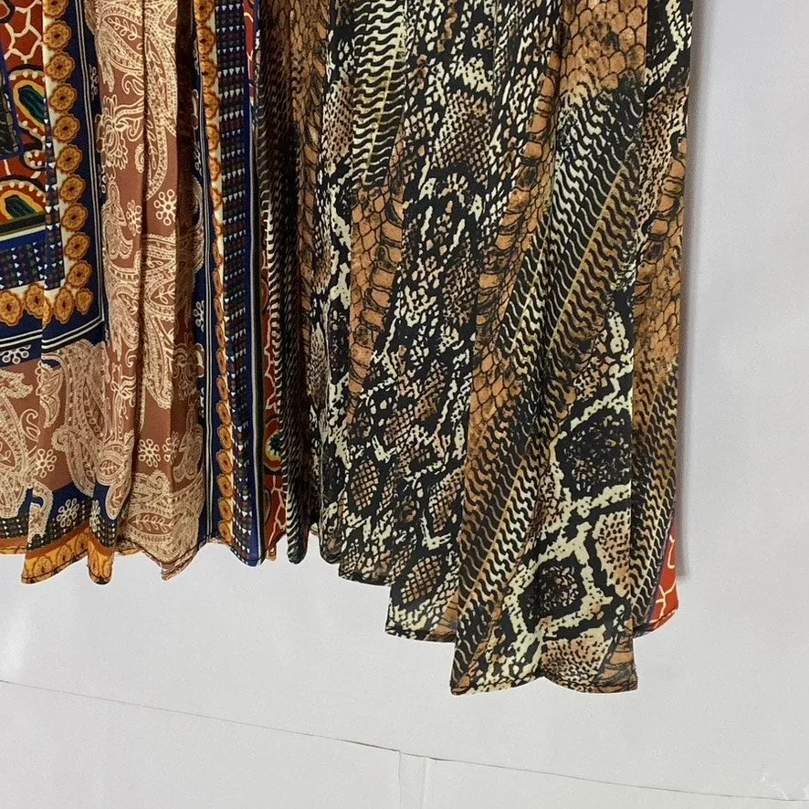 UNBRANDED Women's Tan-Multi Paisley Print Elastic-Waist Pleated Midi Skirt SZ XL