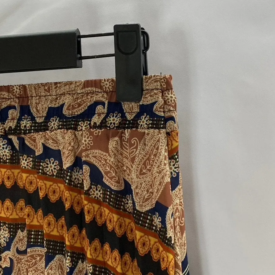 UNBRANDED Women's Tan-Multi Paisley Print Elastic-Waist Pleated Midi Skirt SZ XL