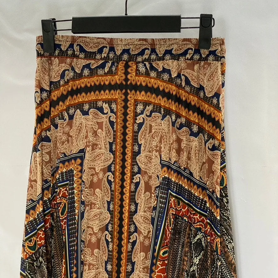UNBRANDED Women's Tan-Multi Paisley Print Elastic-Waist Pleated Midi Skirt SZ XL