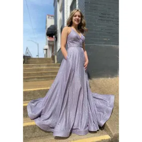 V-Neck Criss-Cross Straps Sparkly Long Prom Dress With Pockets