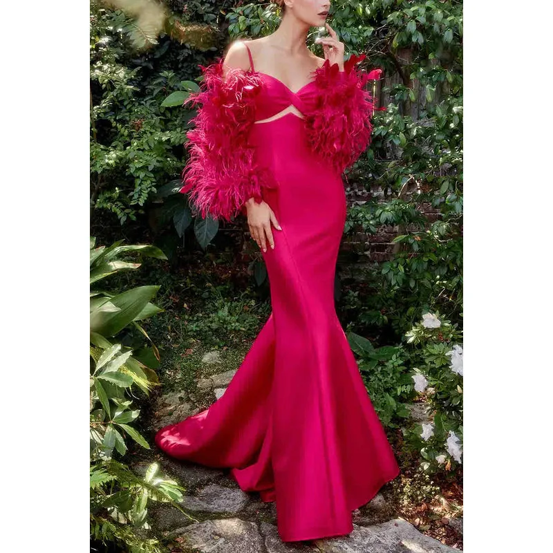 V-Neck Feather Long Sleeves Cut Outs Satin Mermaid Long Prom Evening Dress
