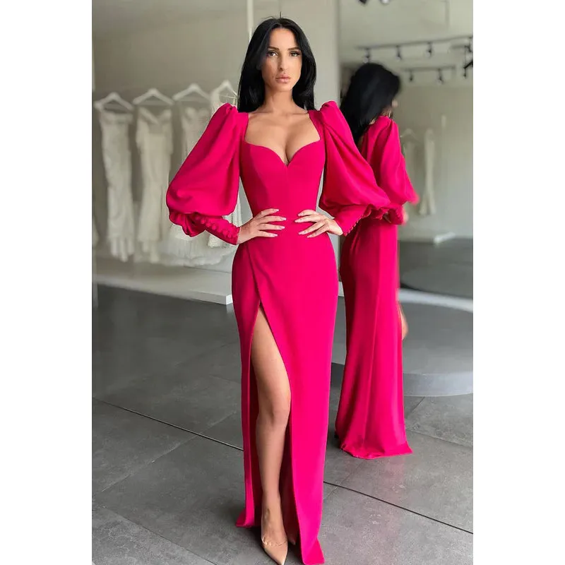 V-Neck Long Sleeves Satin Sheath Long Prom Evening Gown With Slit