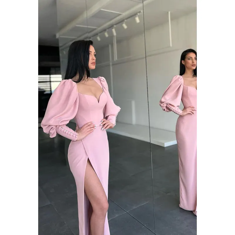 V-Neck Long Sleeves Satin Sheath Long Prom Evening Gown With Slit