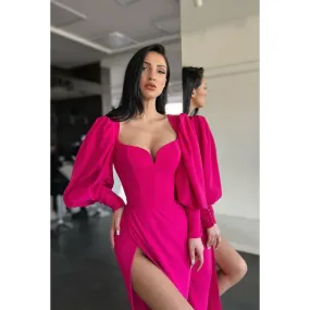 V-Neck Long Sleeves Satin Sheath Long Prom Evening Gown With Slit