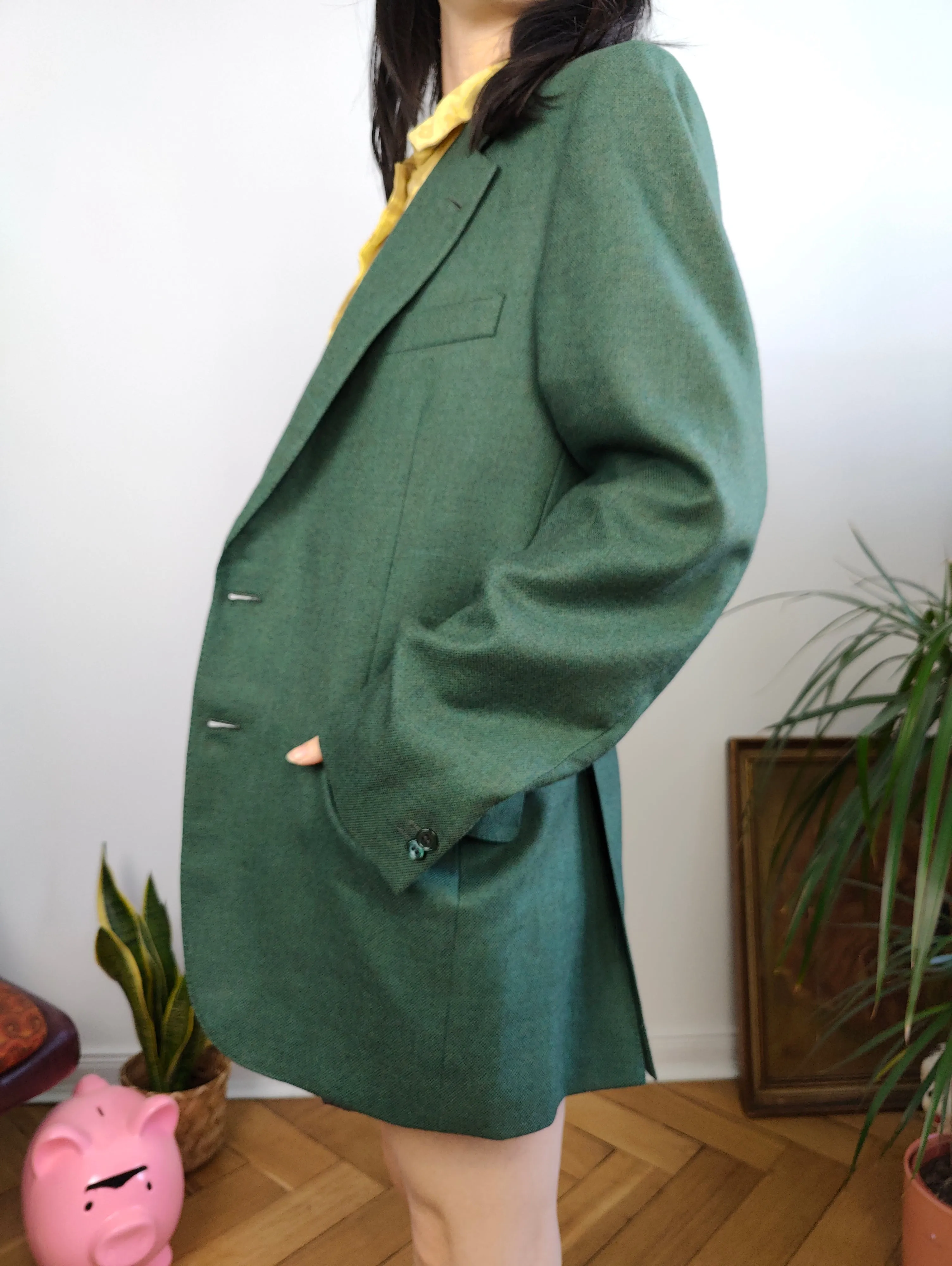 Vintage 100% wool blazer green check pattern jacket women unisex men 48 M