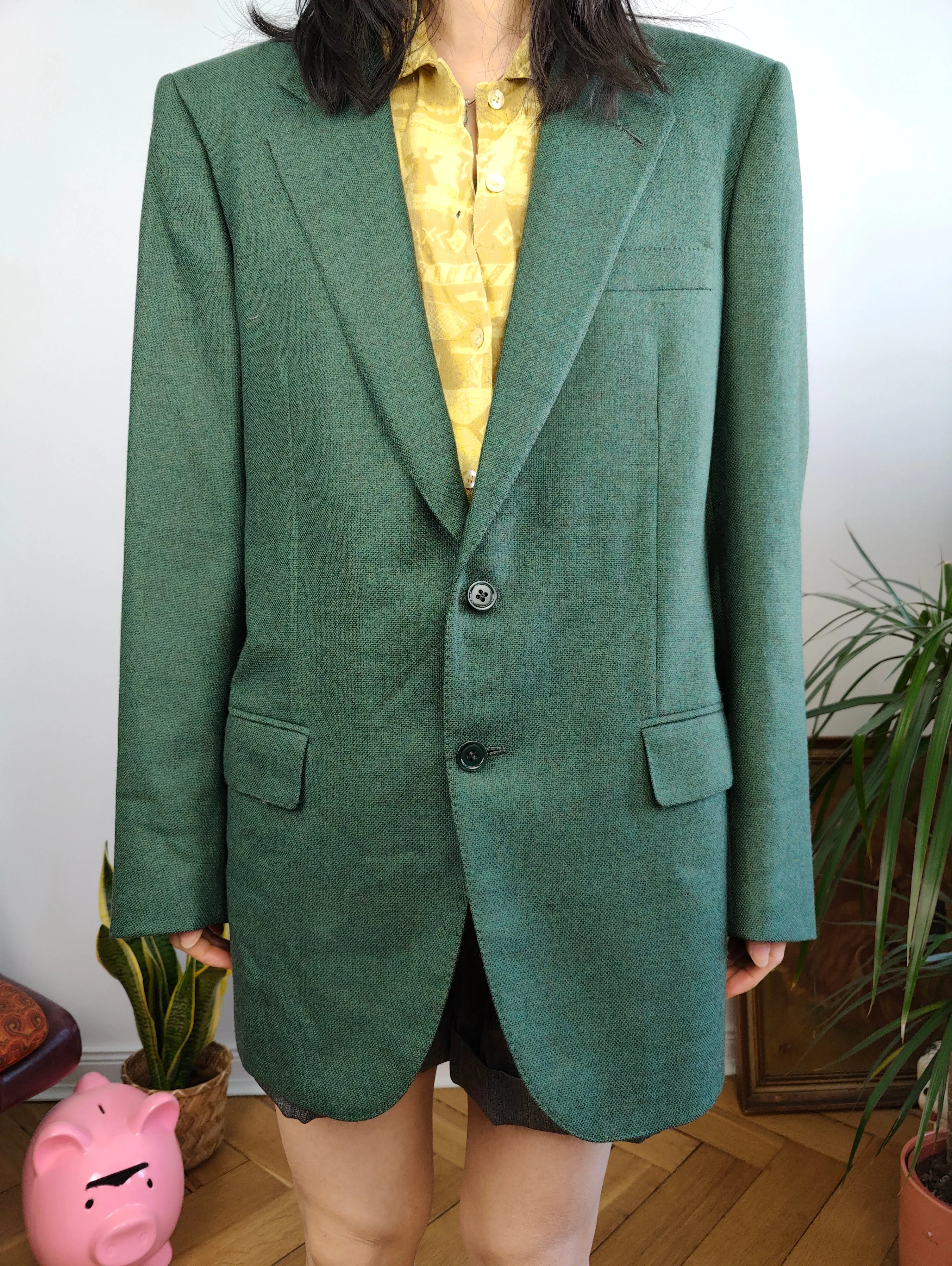 Vintage 100% wool blazer green check pattern jacket women unisex men 48 M