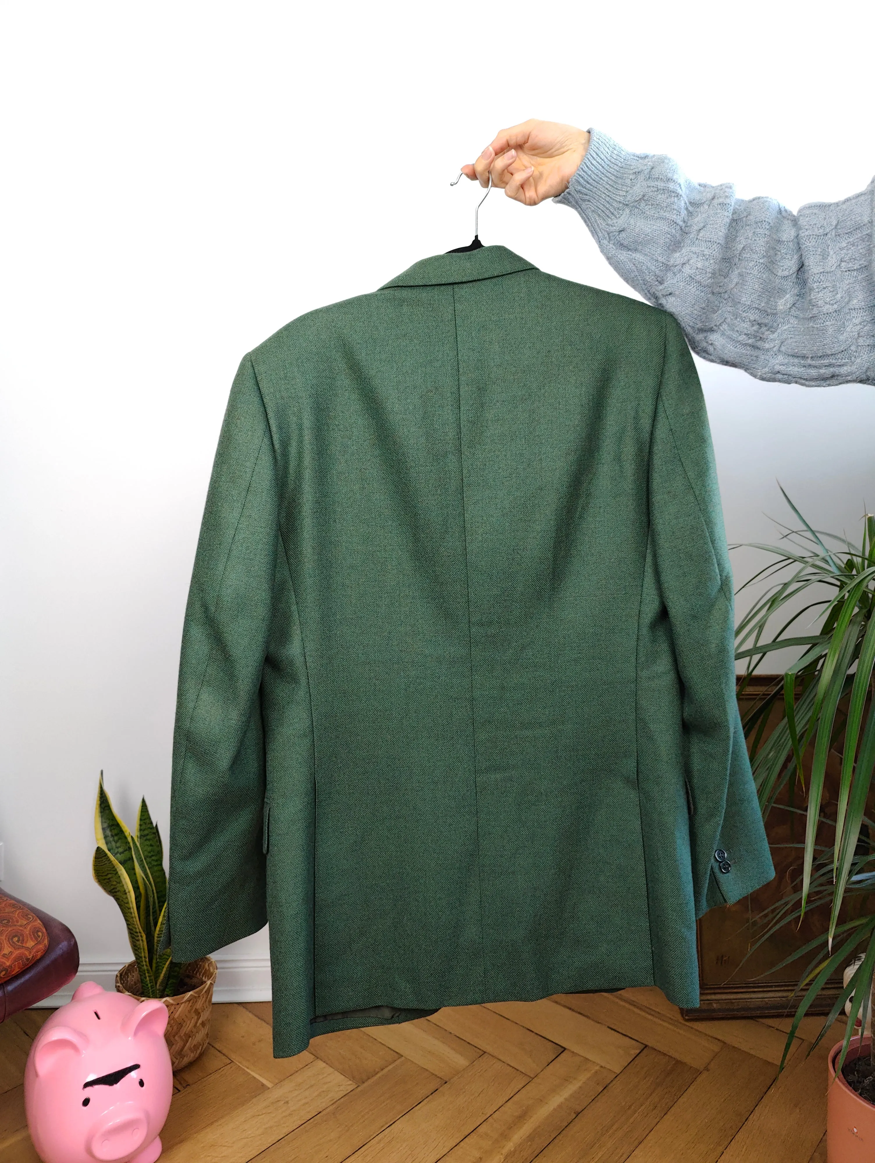 Vintage 100% wool blazer green check pattern jacket women unisex men 48 M
