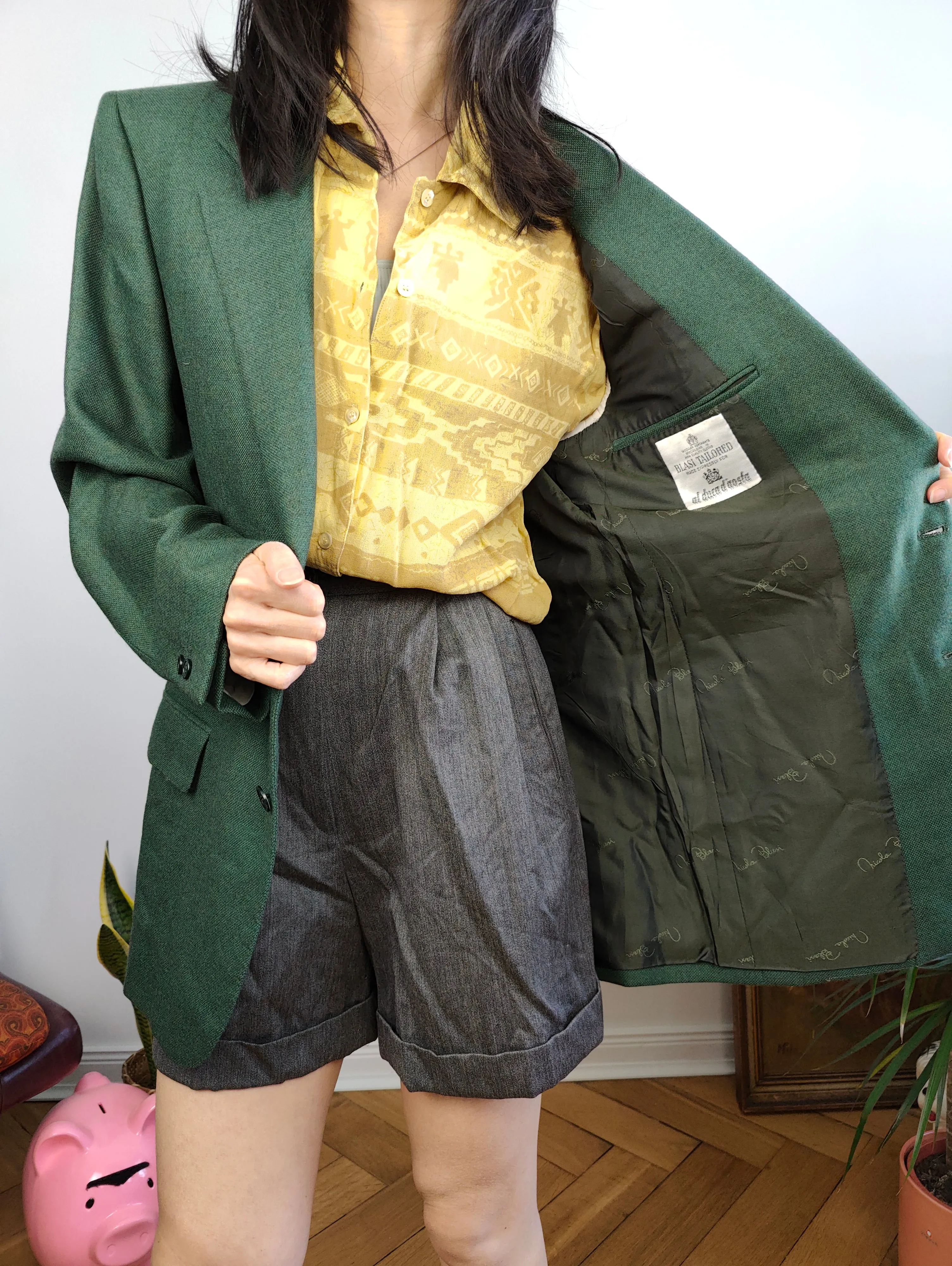 Vintage 100% wool blazer green check pattern jacket women unisex men 48 M