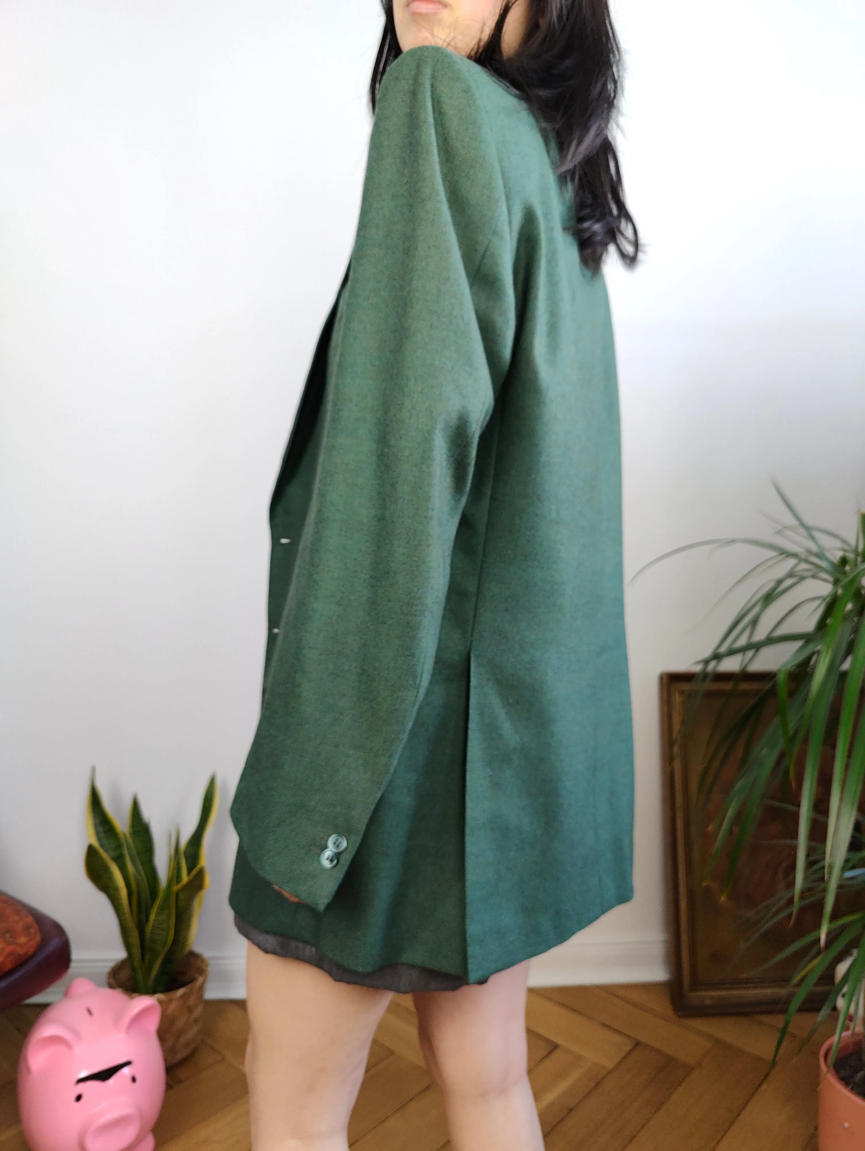 Vintage 100% wool blazer green check pattern jacket women unisex men 48 M