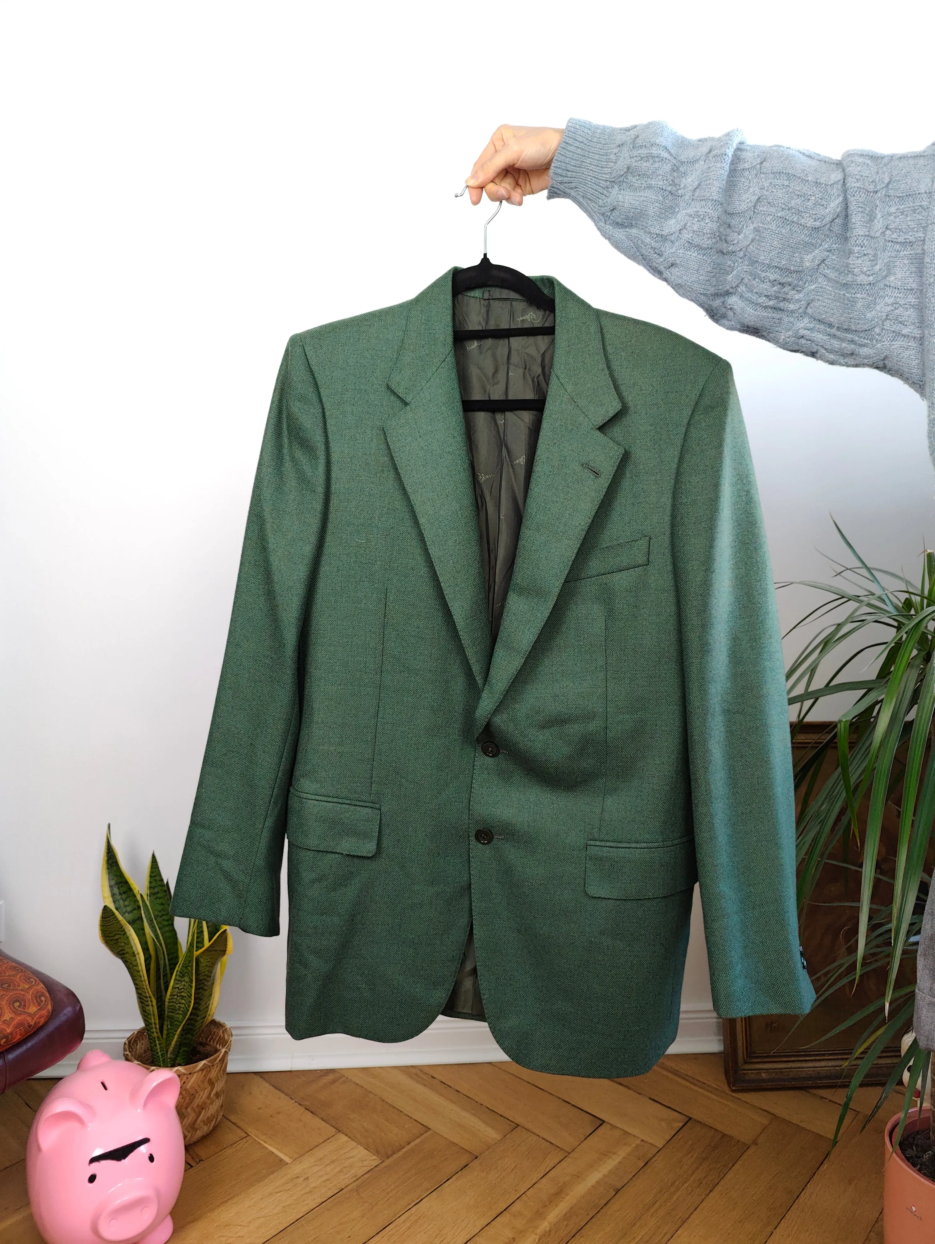 Vintage 100% wool blazer green check pattern jacket women unisex men 48 M