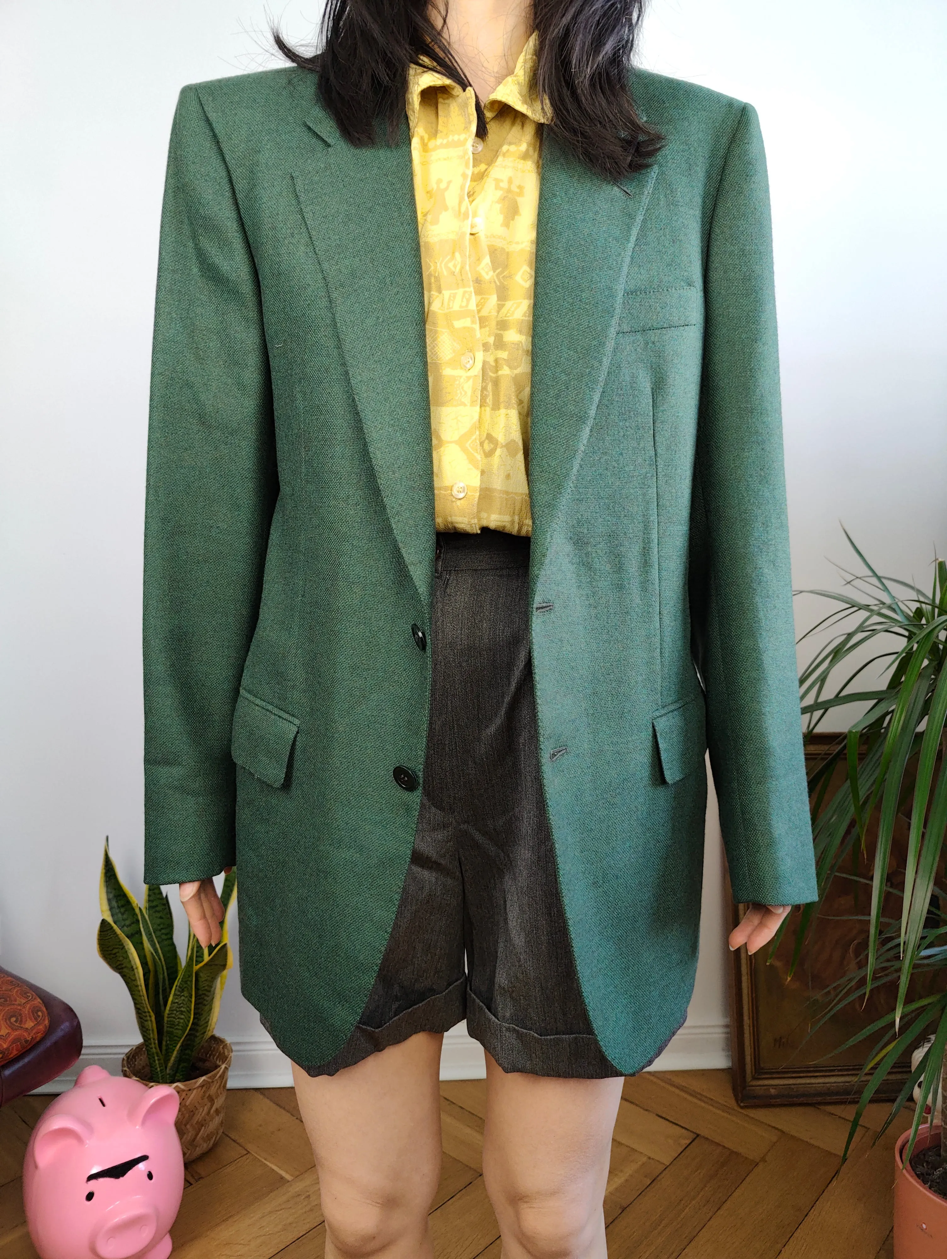 Vintage 100% wool blazer green check pattern jacket women unisex men 48 M