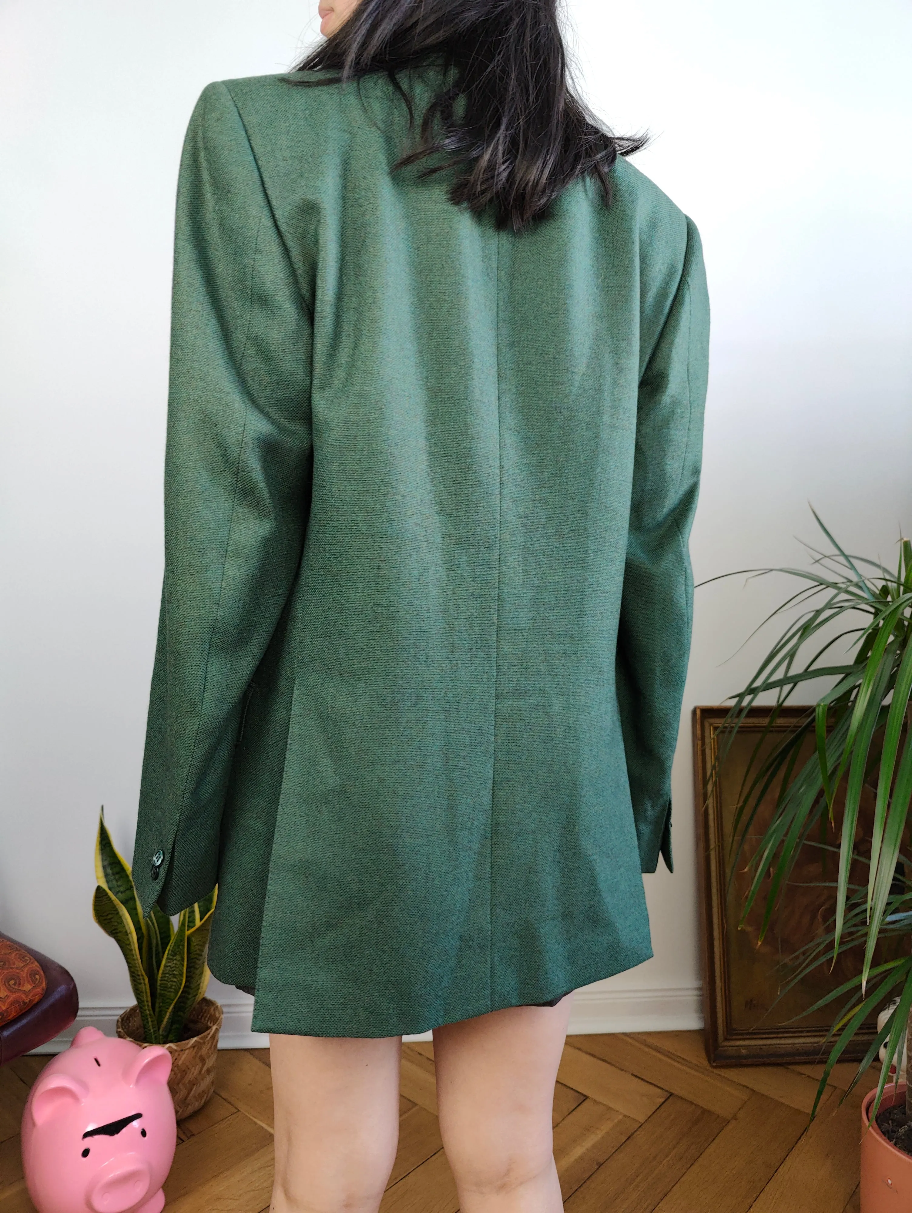 Vintage 100% wool blazer green check pattern jacket women unisex men 48 M