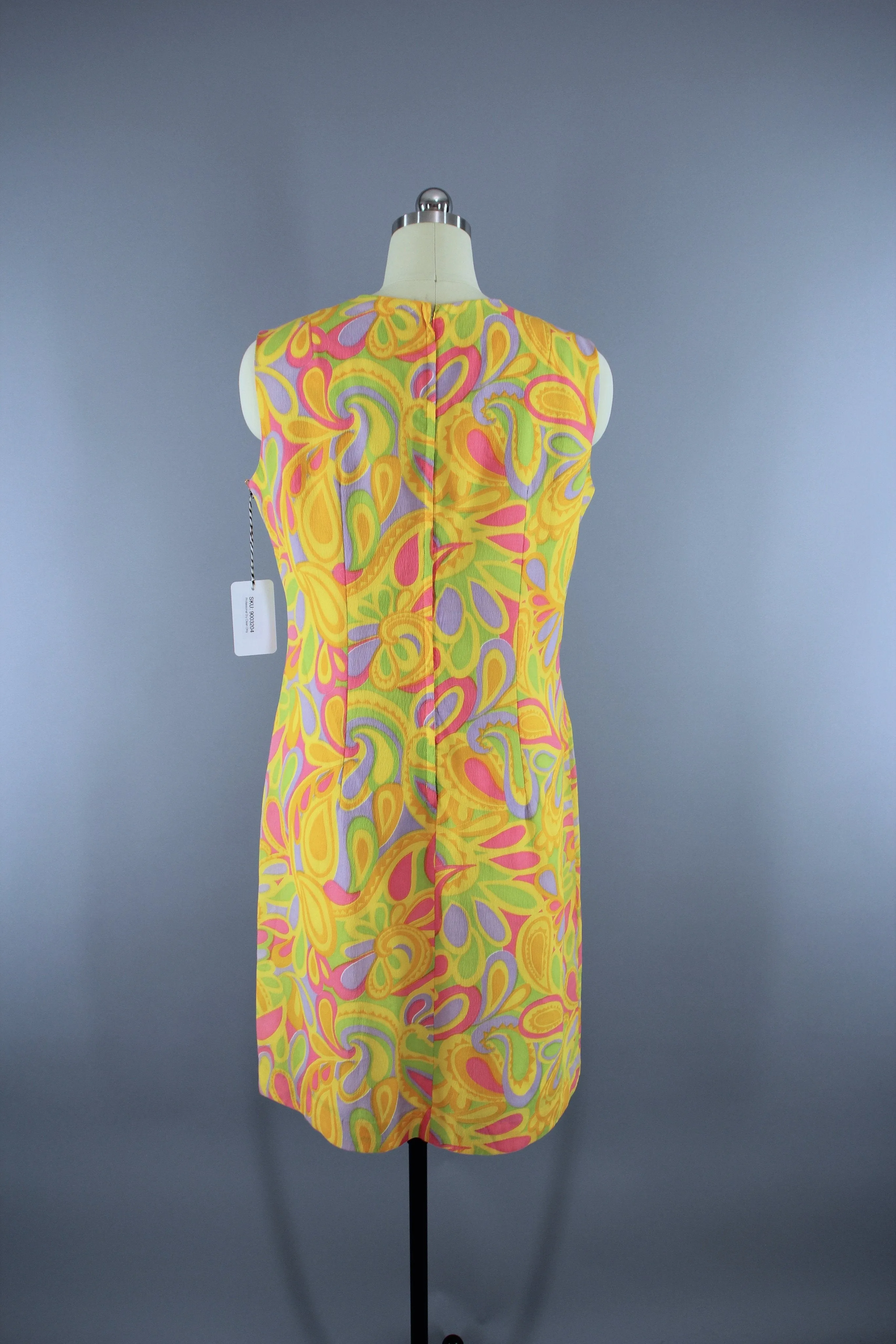 Vintage 1960s  Mod Yellow Paisley Print Shift Dress