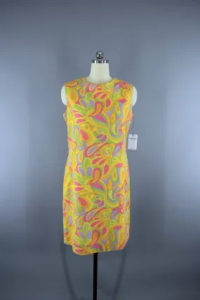 Vintage 1960s  Mod Yellow Paisley Print Shift Dress