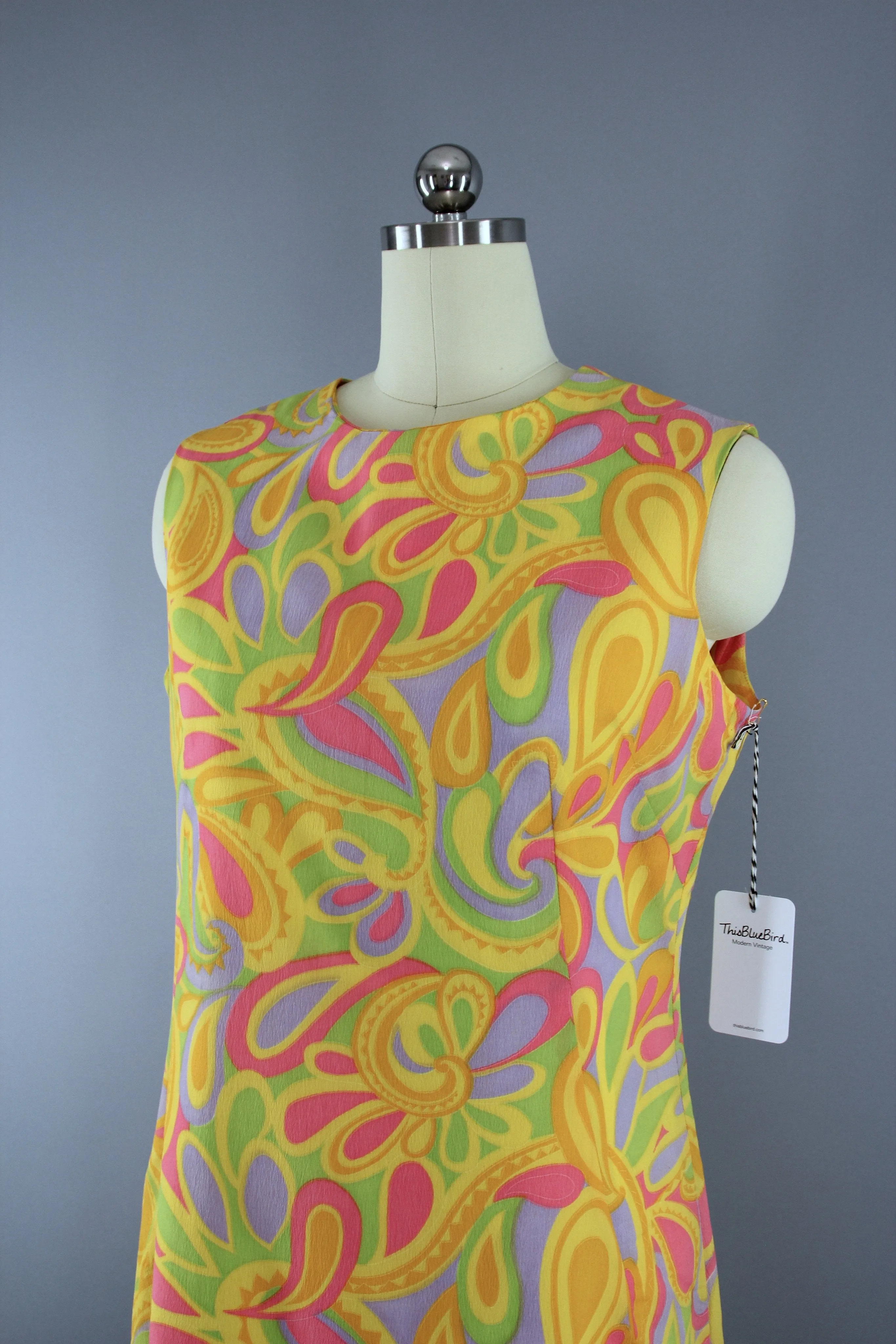 Vintage 1960s  Mod Yellow Paisley Print Shift Dress