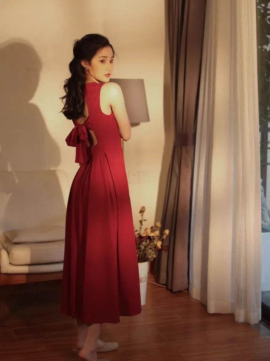 Vintage Burgundy Square Neck 50s Dress