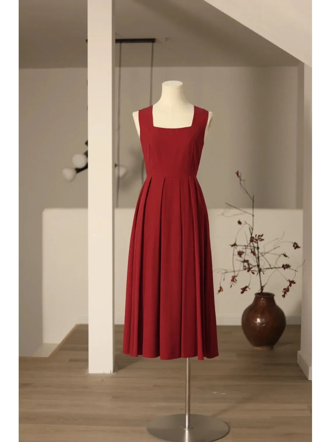 Vintage Burgundy Square Neck 50s Dress