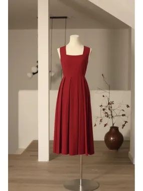 Vintage Burgundy Square Neck 50s Dress