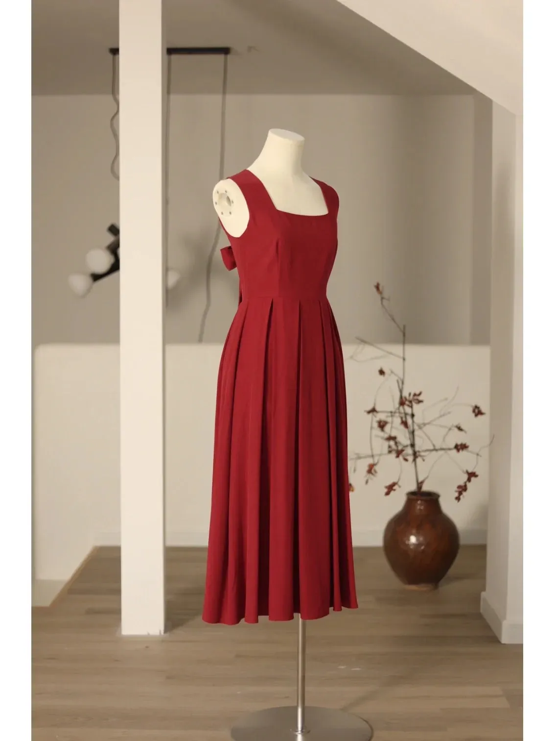 Vintage Burgundy Square Neck 50s Dress