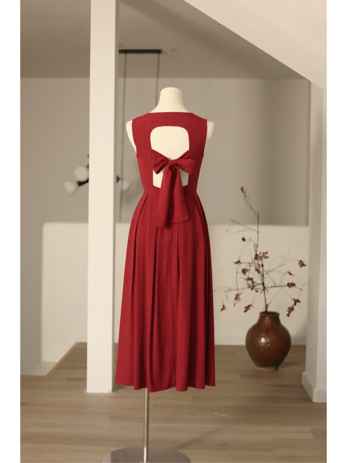 Vintage Burgundy Square Neck 50s Dress